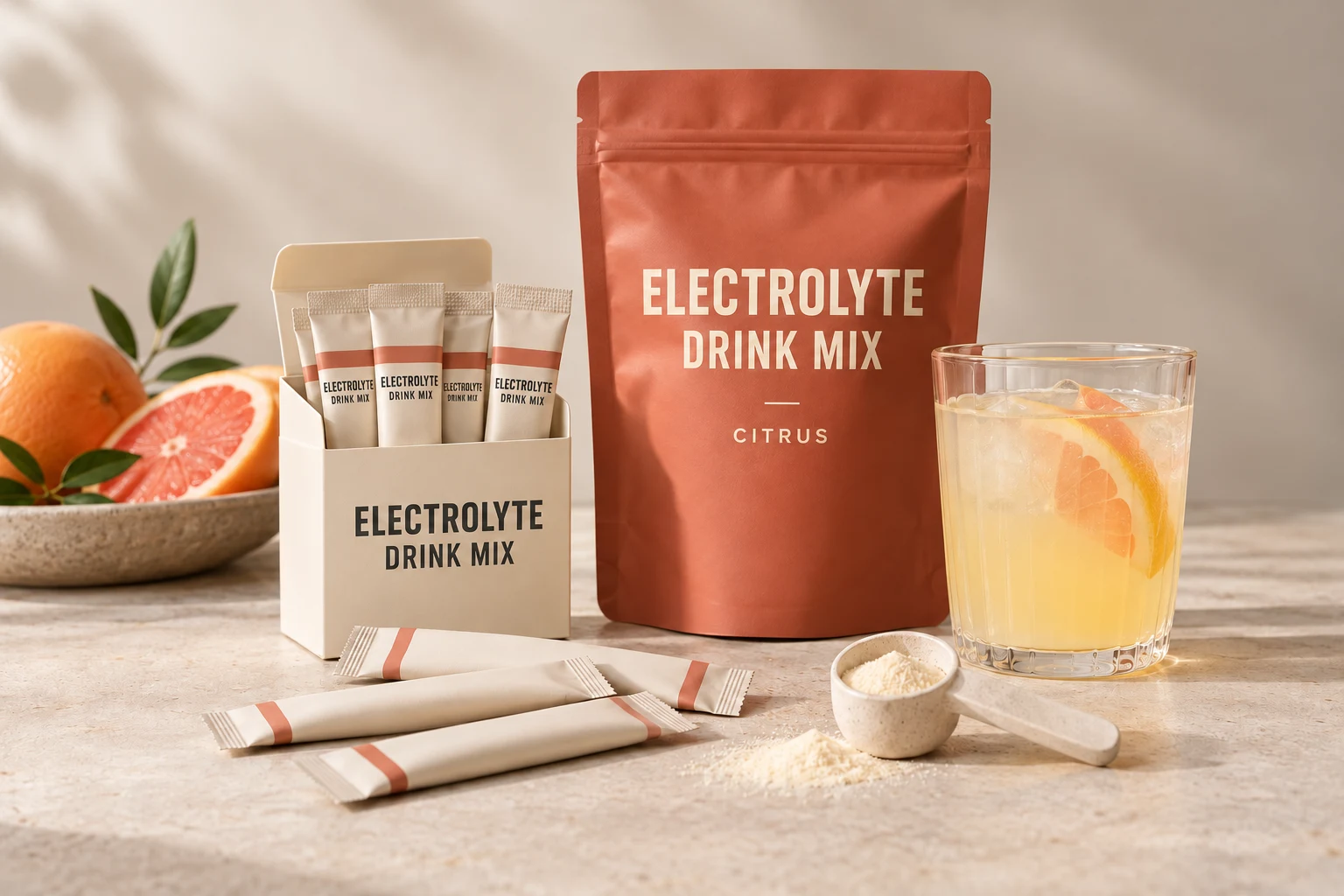 Electrolyte drink mix carton and stick packs shown with a coordinating pouch: packaging concept visualization