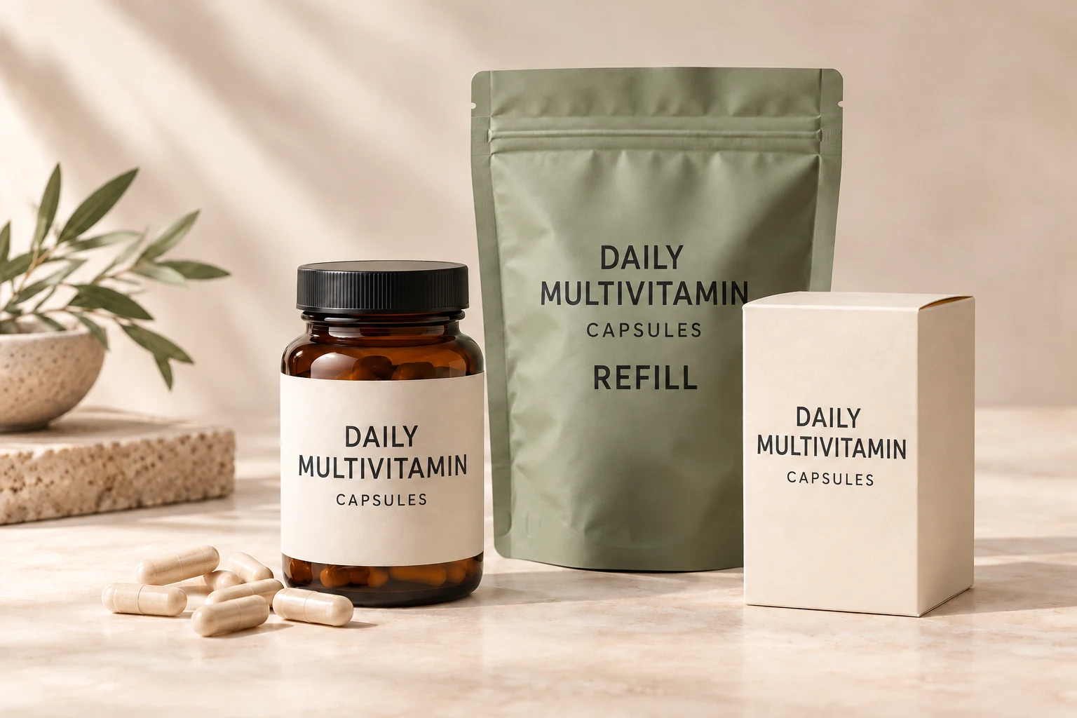 Packaging concept visualization of a supplement jar, refill pouch and carton