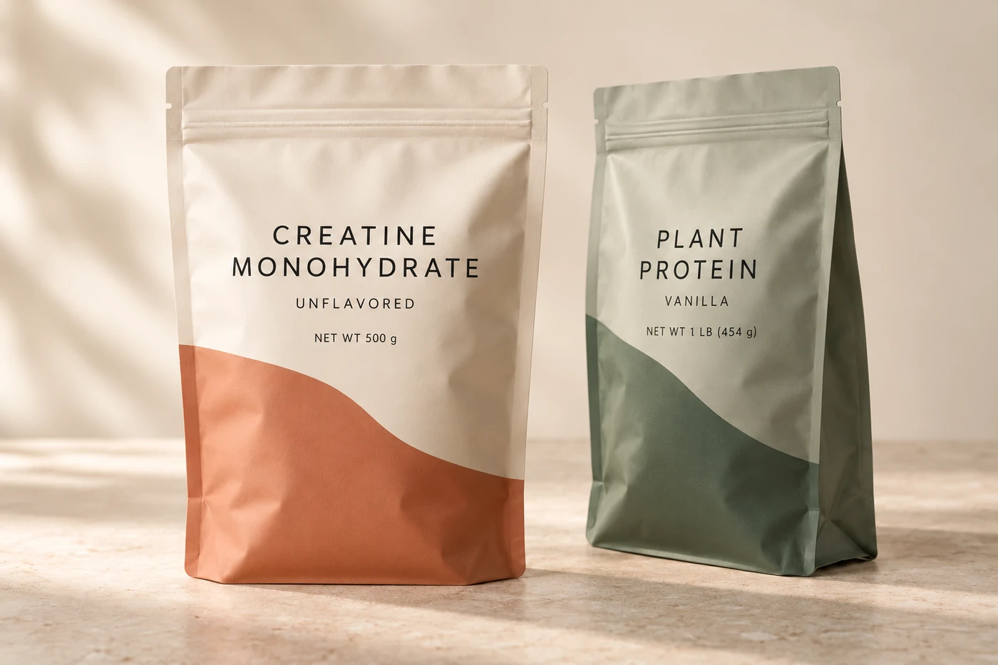 Packaging concepts: creatine monohydrate 500 g and plant protein 1 lb in resealable stand-up pouches
