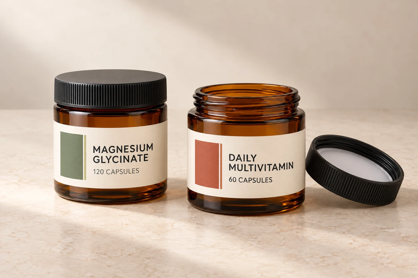 Packaging concepts: magnesium glycinate 120 capsules and daily multivitamin 60 capsules on amber glass jars