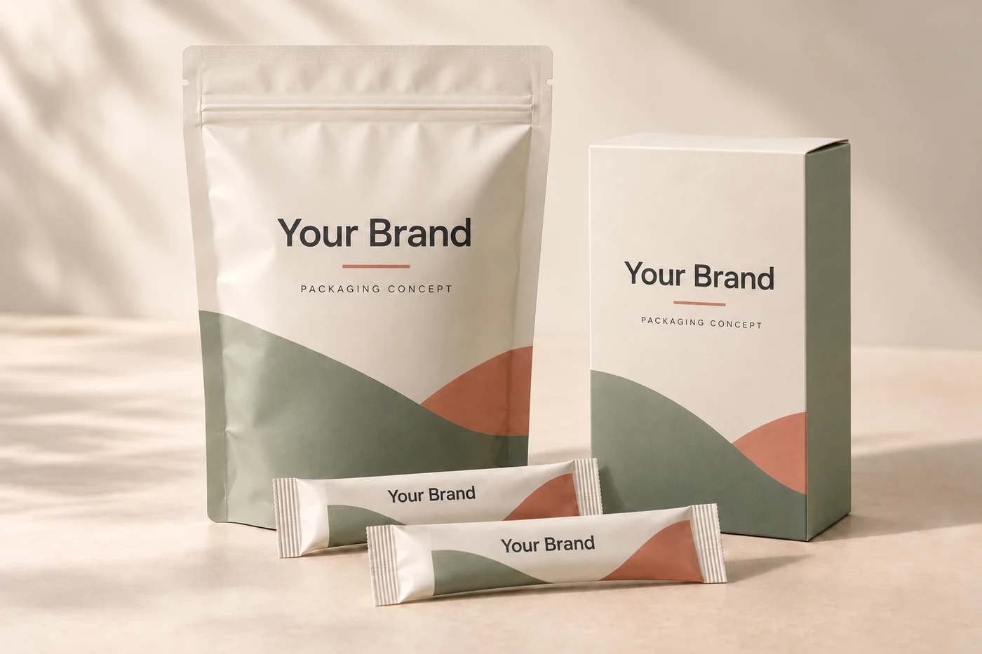 Light-tone Your Brand packaging concept: a pouch, carton and stick packs with no manufacturer branding